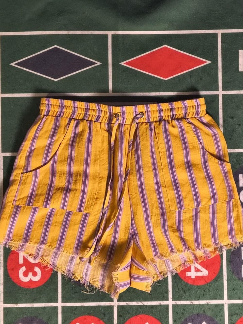 Wild Honey Womens M Yellow Purple Striped Drawstring Frayed Hem Shorts